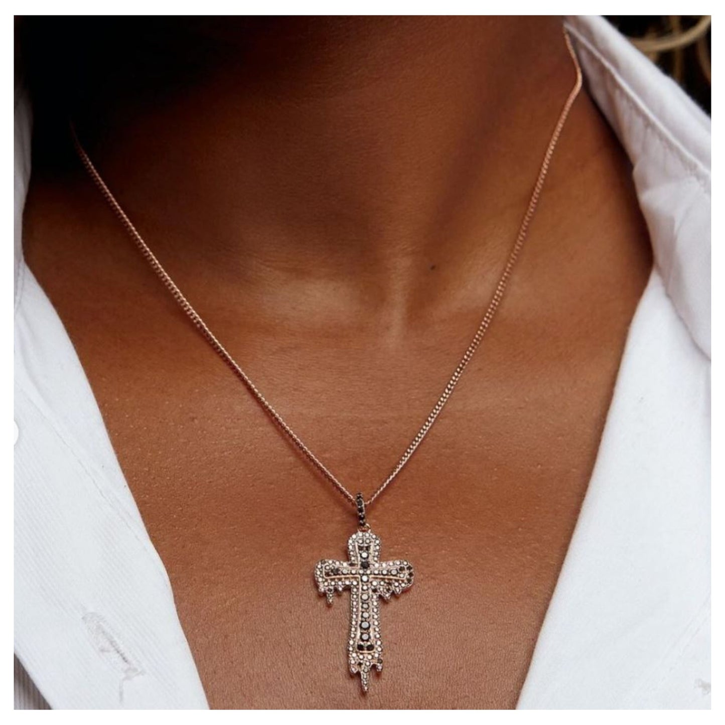 Drip Cross Black Diamond Pendant Necklace in 18K Gold