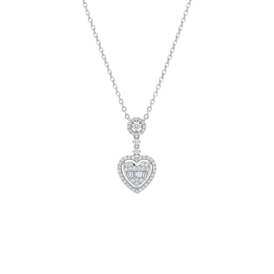 Heart-shaped diamond pendant on a chain against a white background