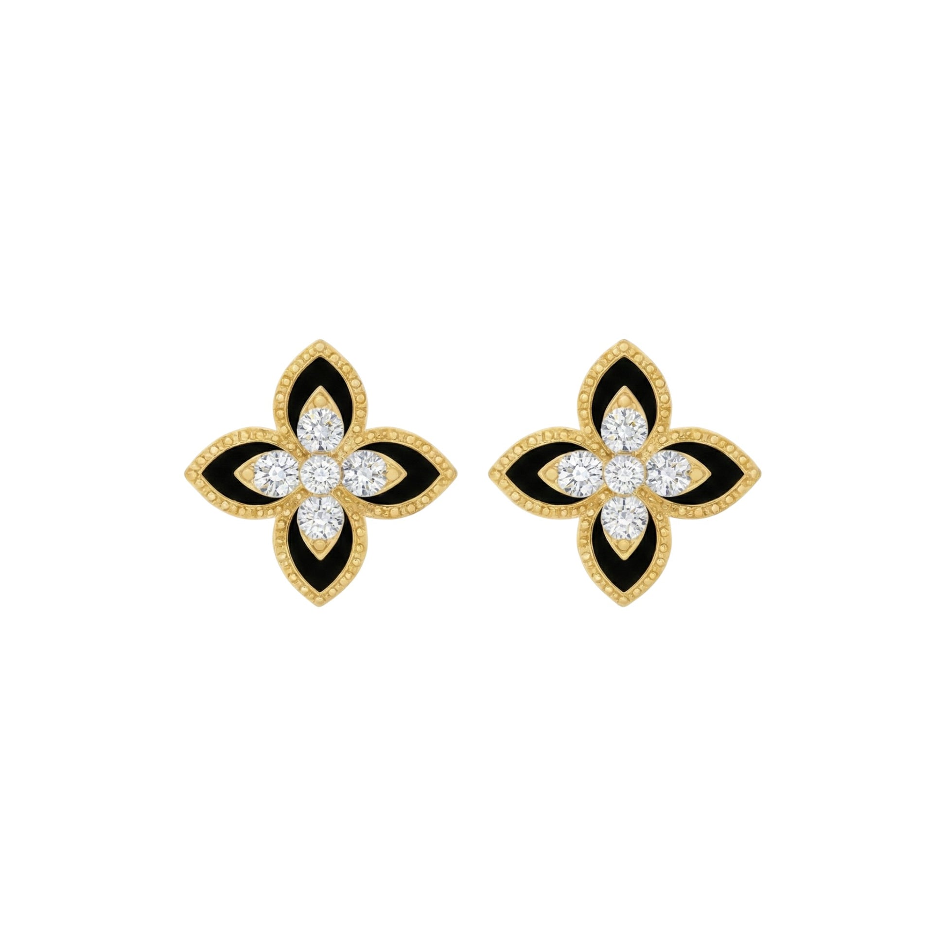 Pair of gold, black, and diamond flower-shaped earrings on a white background