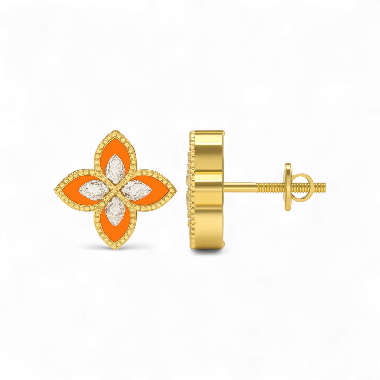 Gold butterfly-shaped earrings with orange and white accents on a white background
