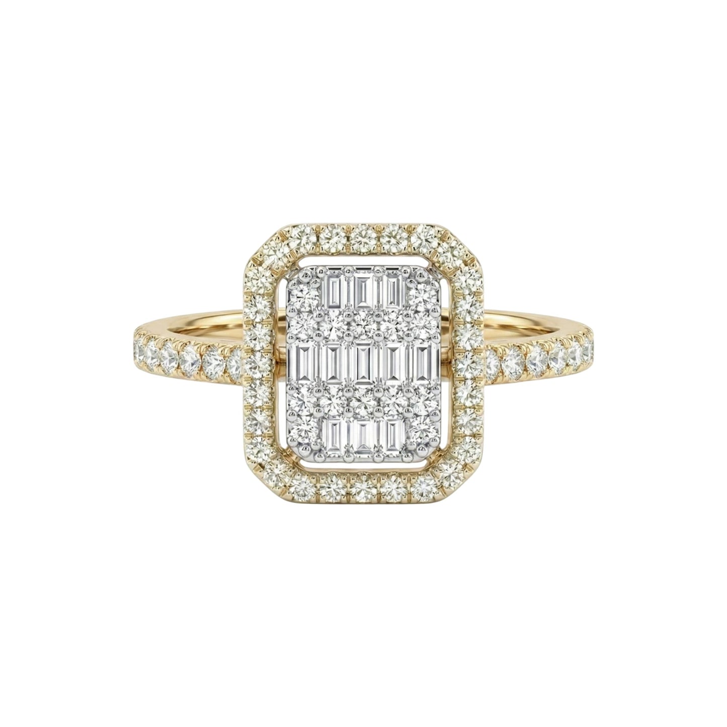 Gold ring with diamond accents on a white background