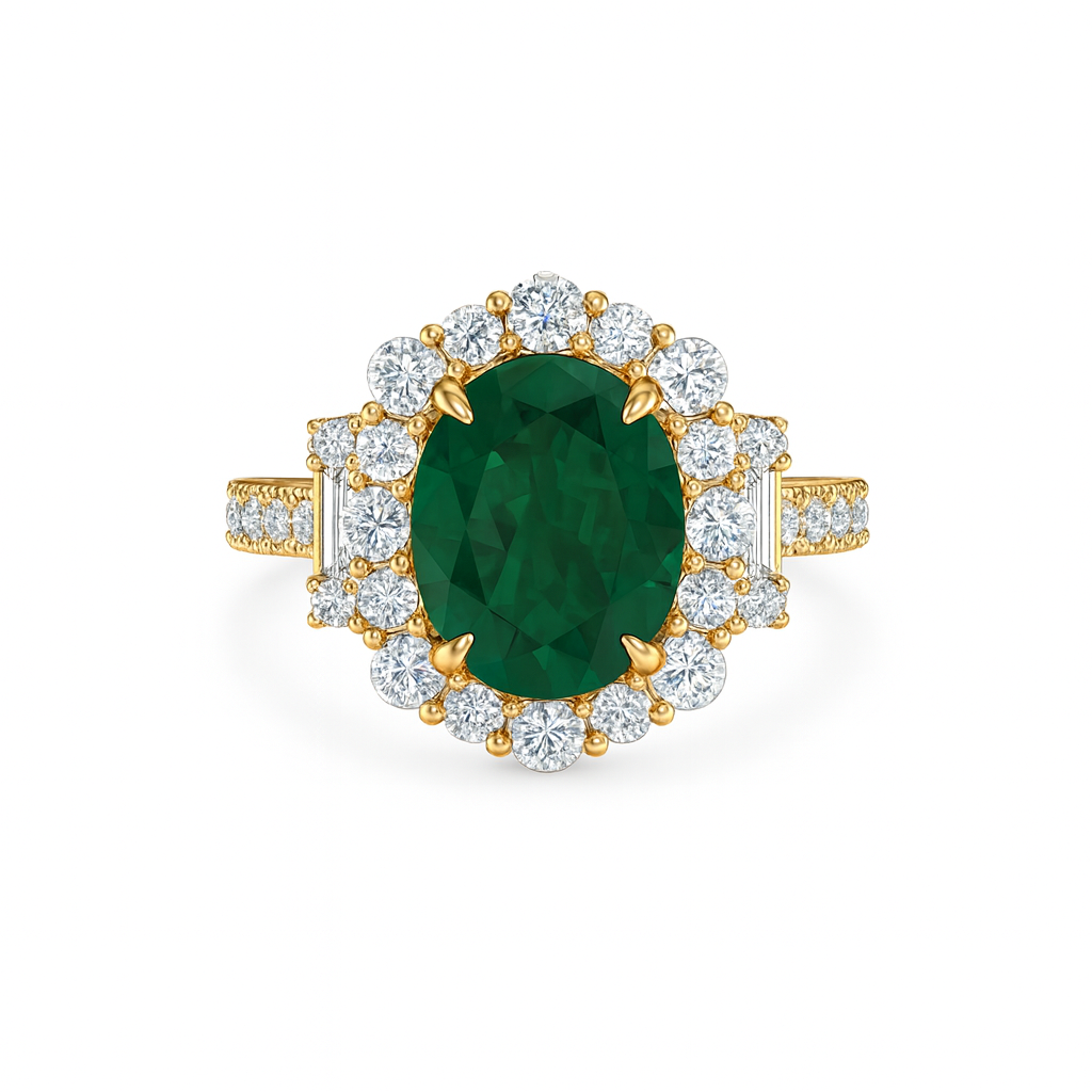 Gold ring with a green gemstone and diamond accents on a white background
