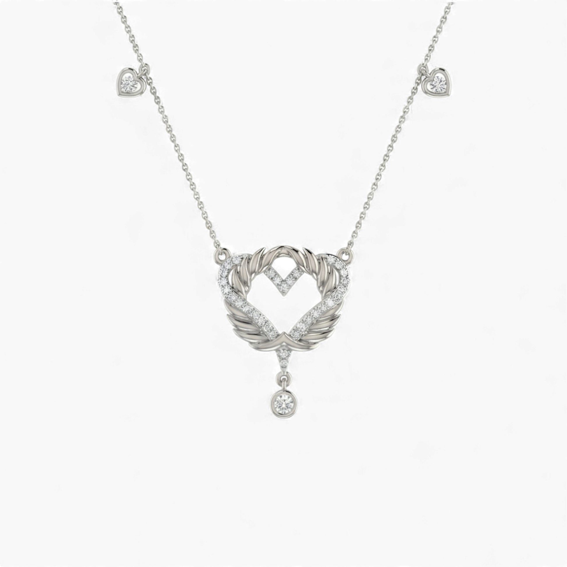Silver necklace with a heart-shaped pendant on a white background