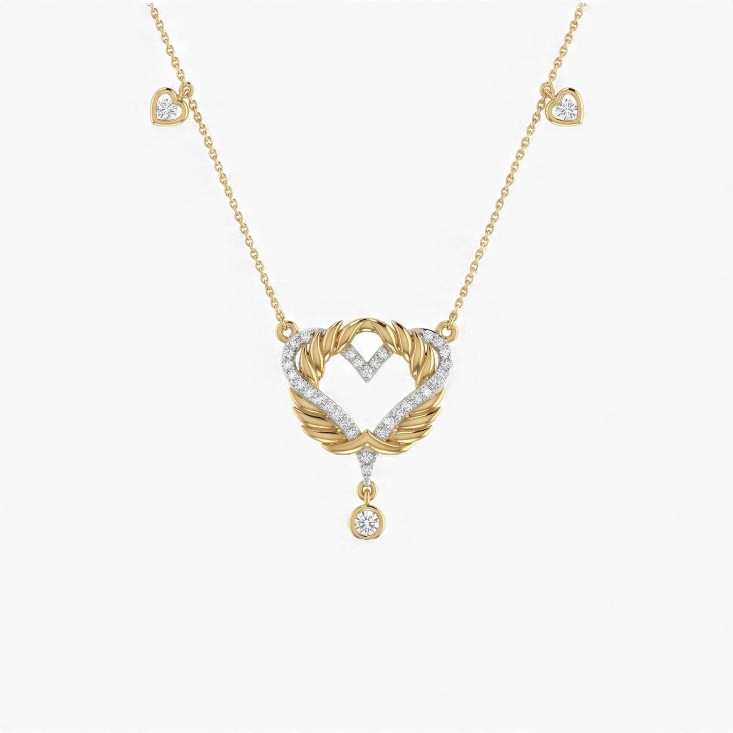 Gold and diamond heart-shaped necklace on a white background