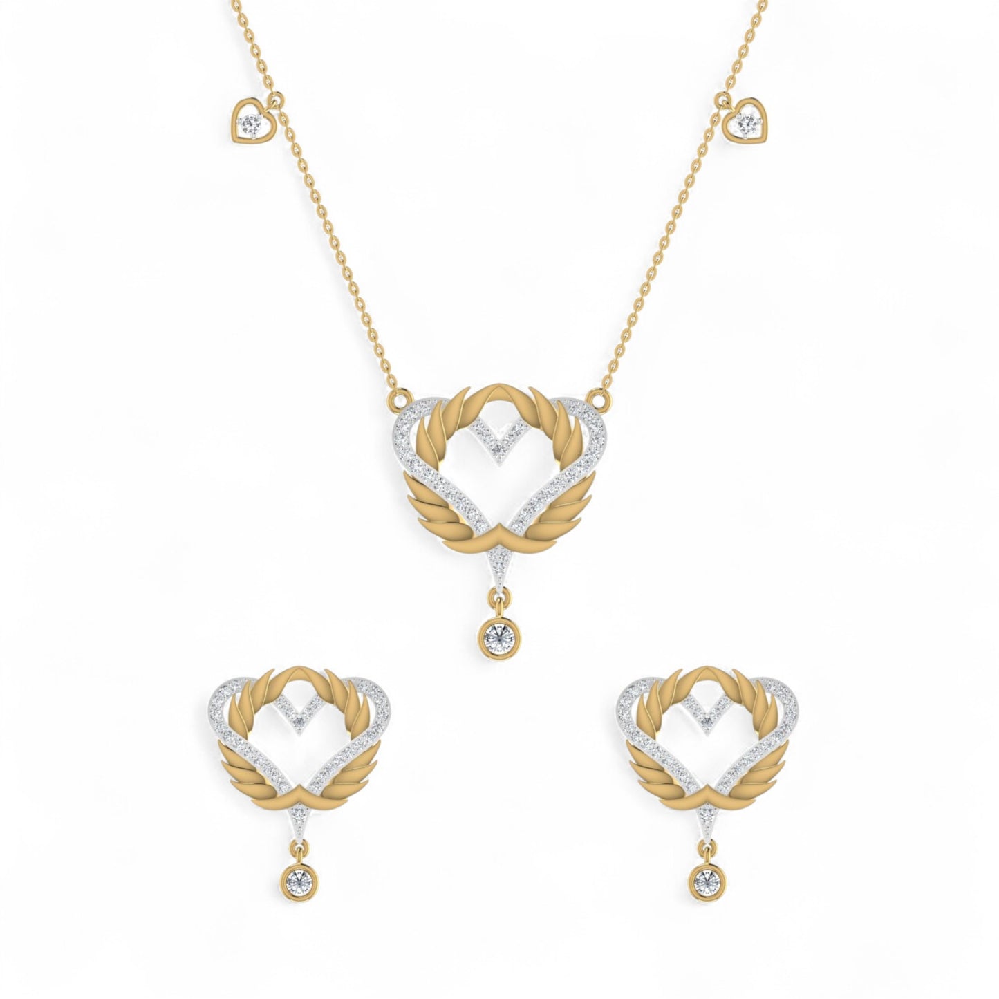 Gold and silver heart-shaped necklace and earrings on a white background