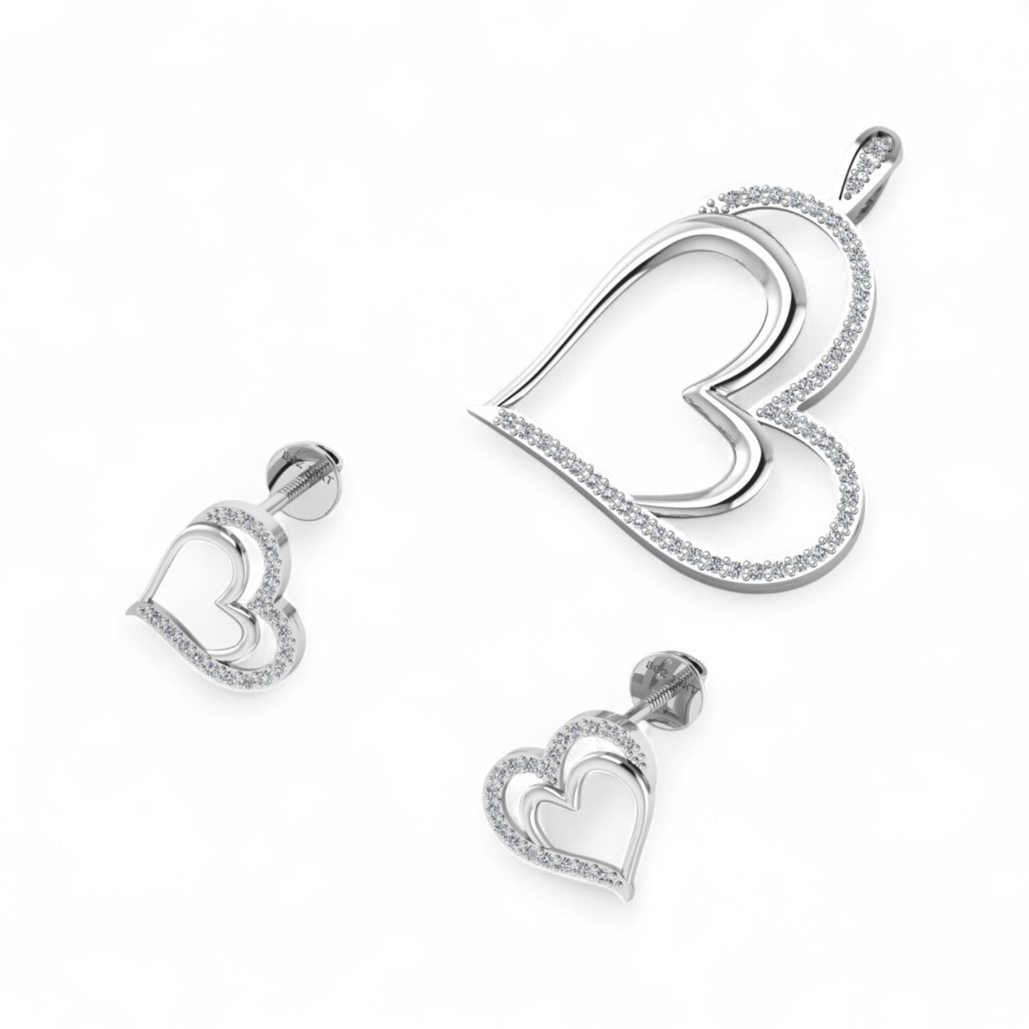 Heart-shaped silver jewelry set on a white background