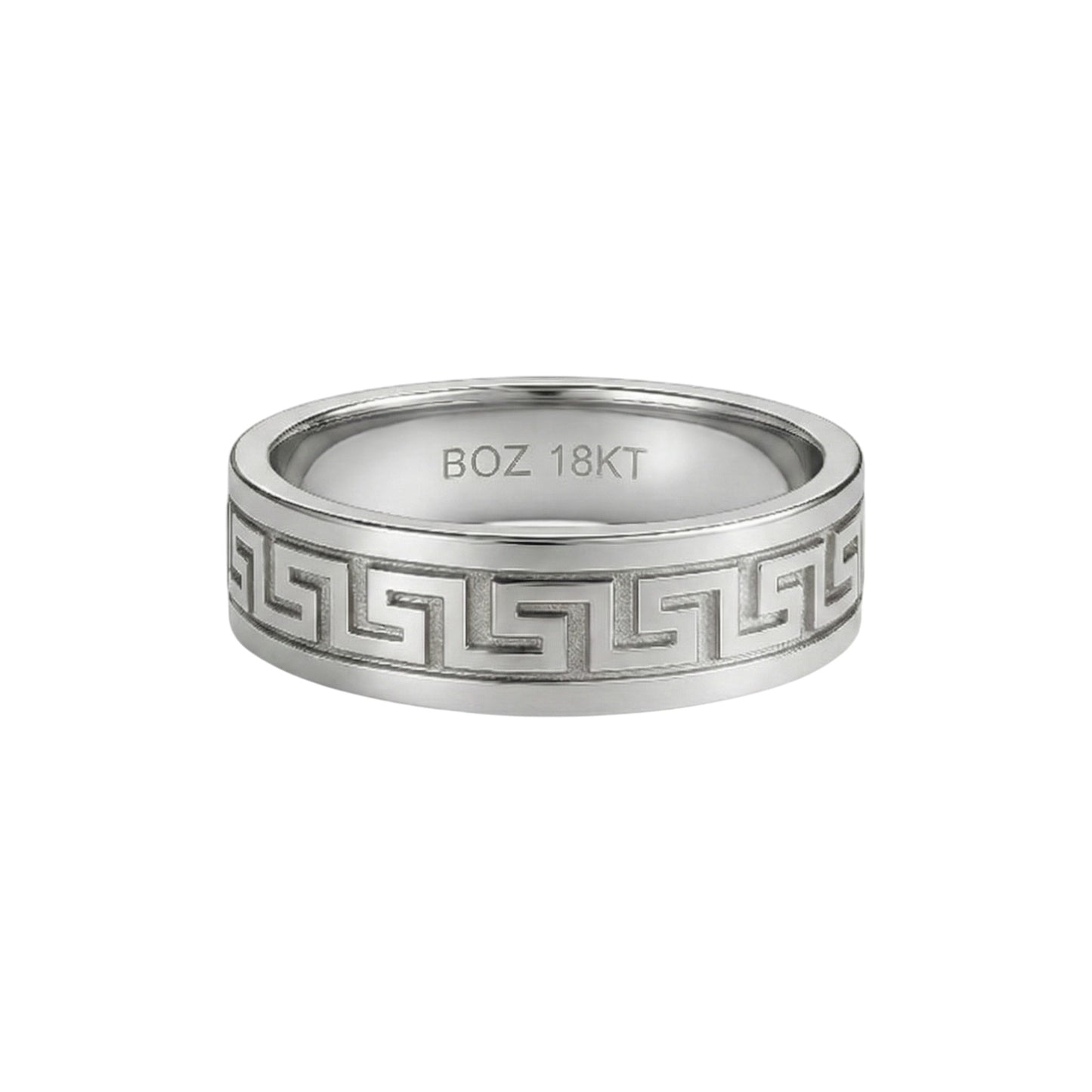 Silver ring with intricate design and 'BOZ 18KT' engraving on a white background
