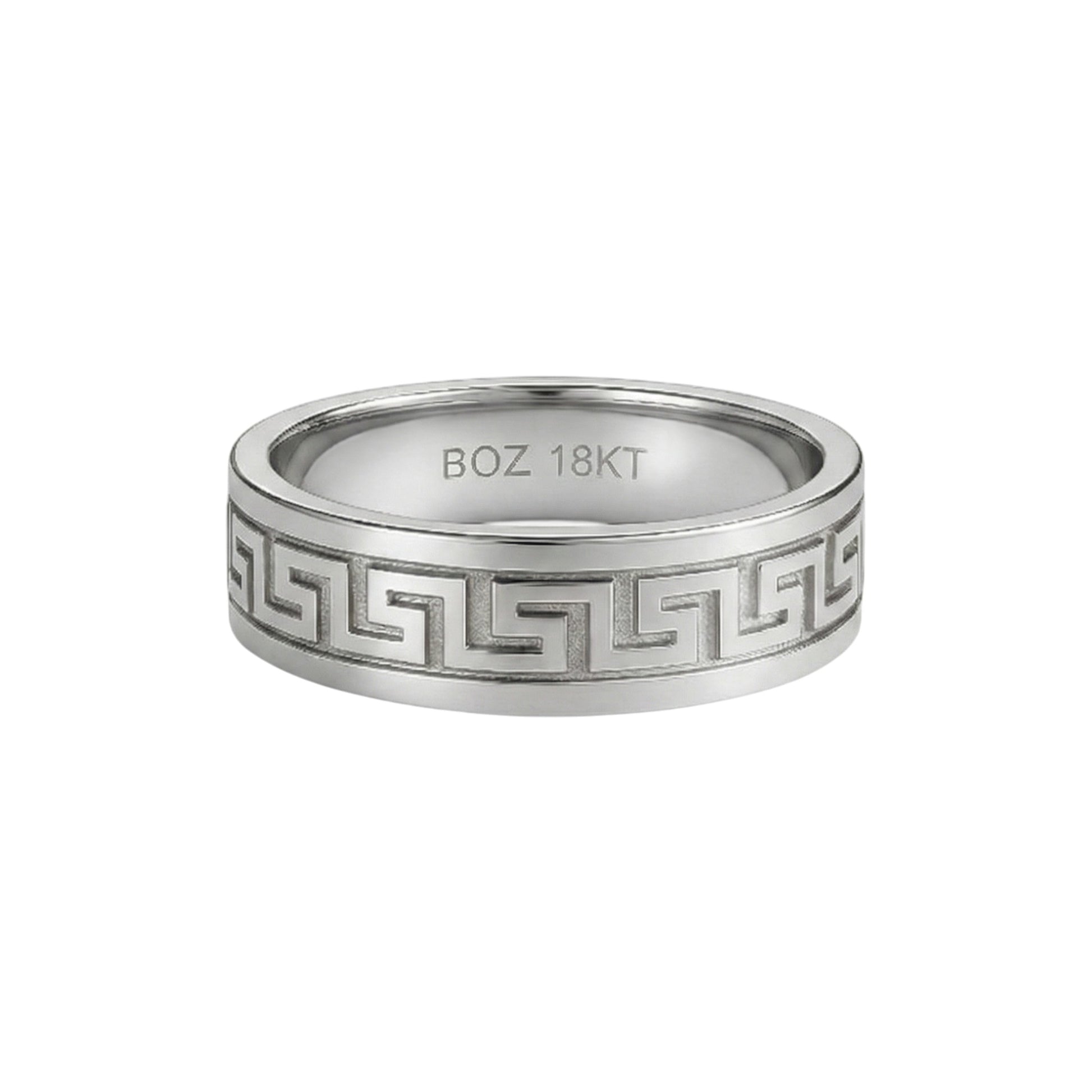 Silver ring with intricate design and 'BOZ 18KT' engraving on a white background