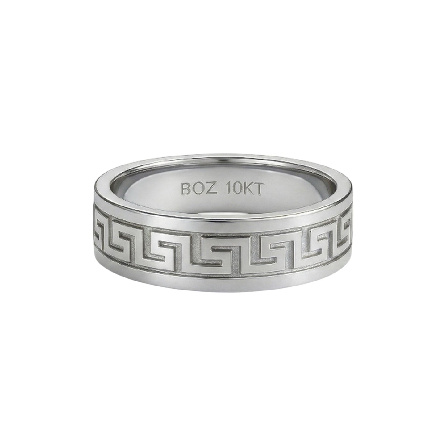 Silver ring with Greek key design and 'BOZ 10KT' engraving on a white background