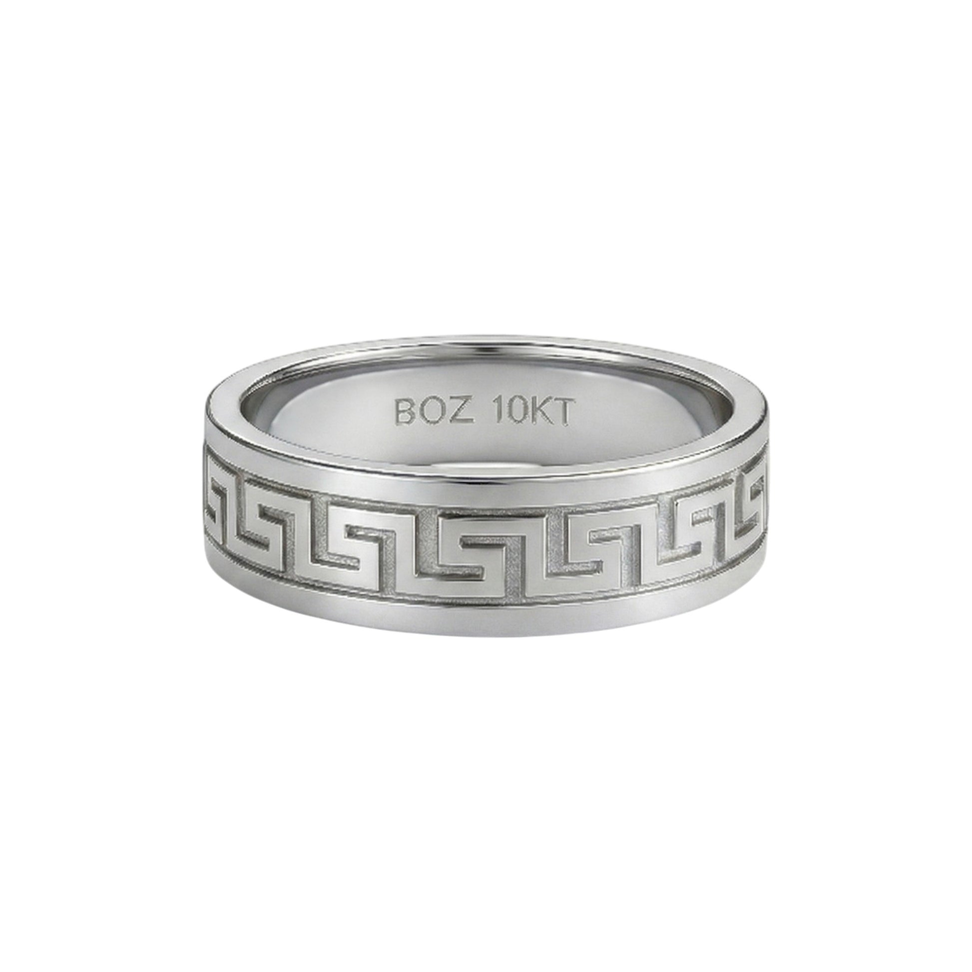 Silver ring with Greek key design and 'BOZ 10KT' engraving on a white background