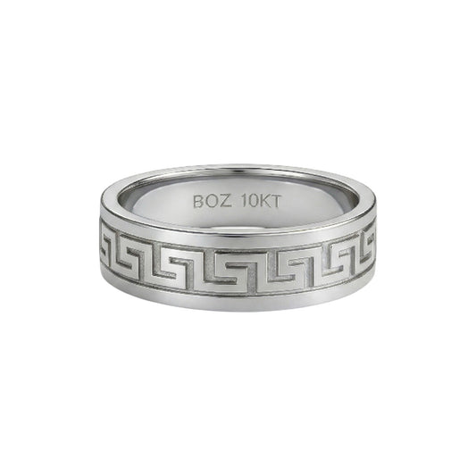 Silver ring with Greek key design and 'BOZ 10KT' engraving on a white background