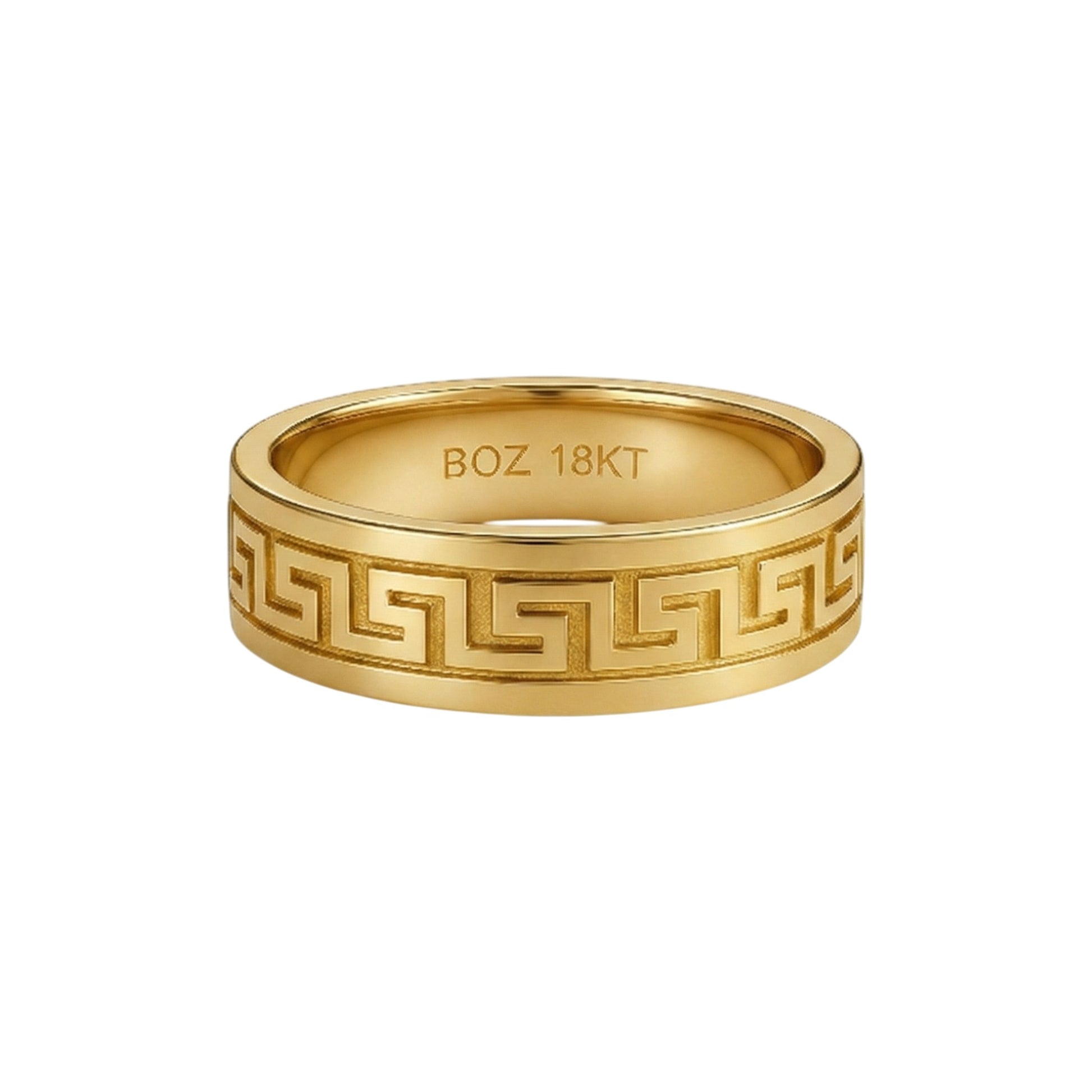 Gold ring with intricate design and 'BOZ 18KT' engraving on a white background