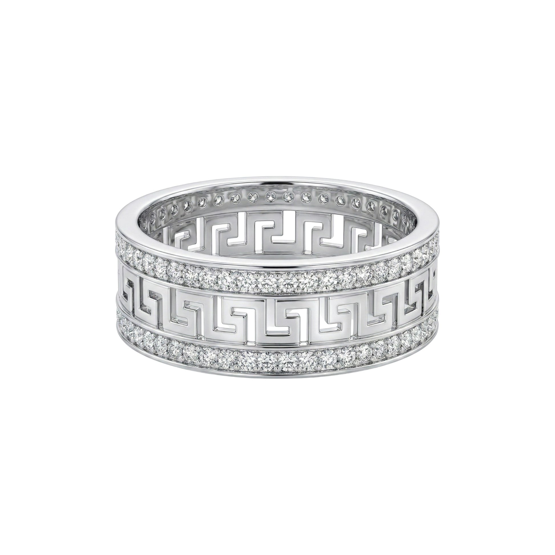 Silver ring with geometric design on a white background