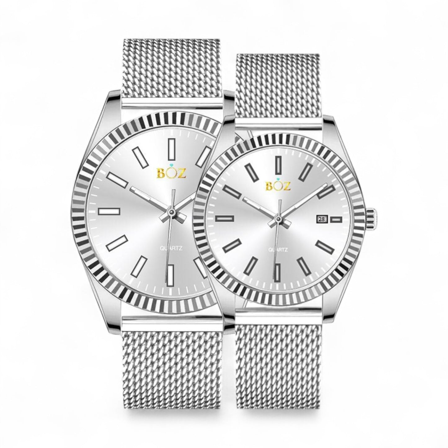 Two silver watches with mesh bands on a white background, featuring the brand 'BOZ'.