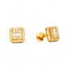 Gold square-shaped earrings with clear gemstones on a white background
