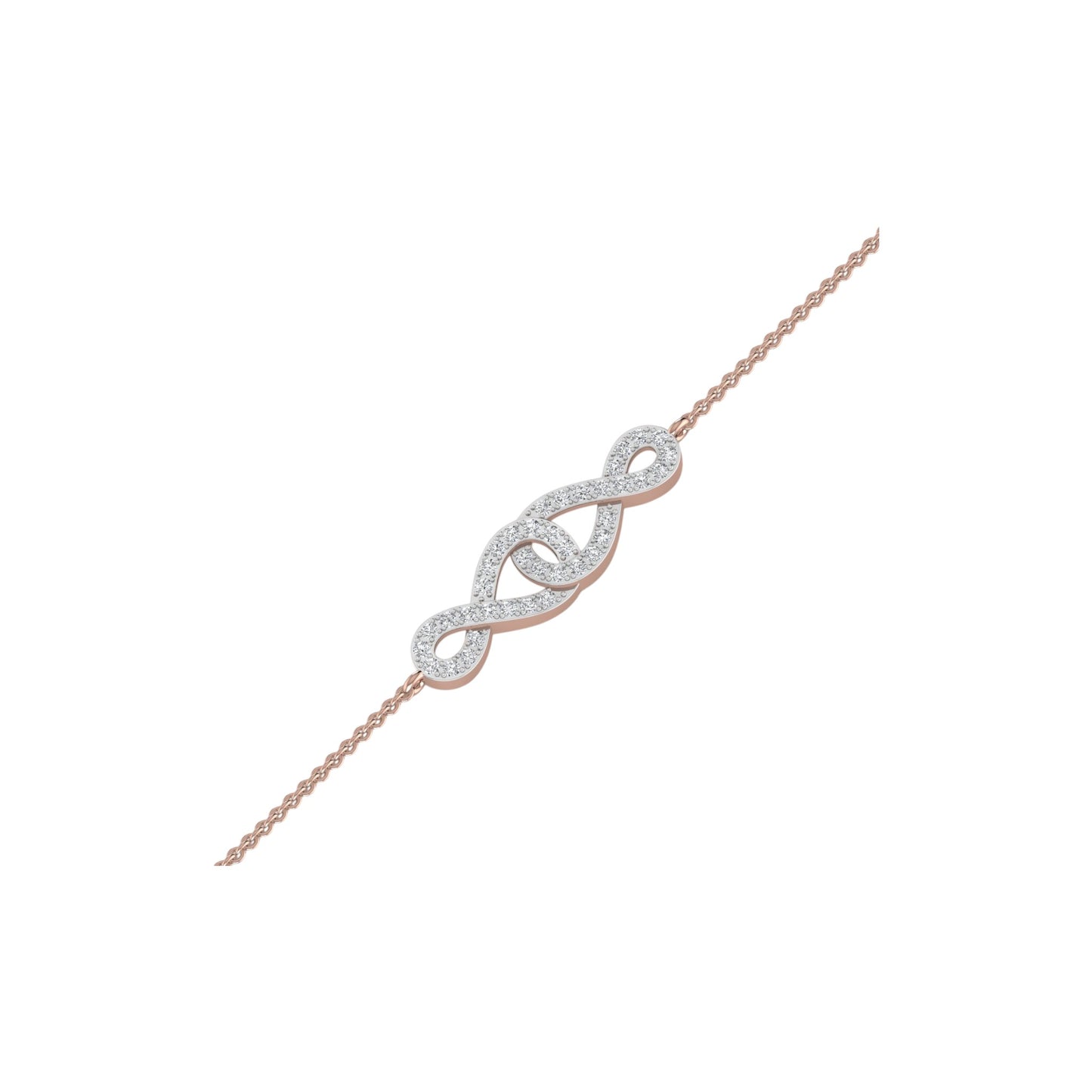 Rose gold bracelet with a diamond infinity symbol on a white background