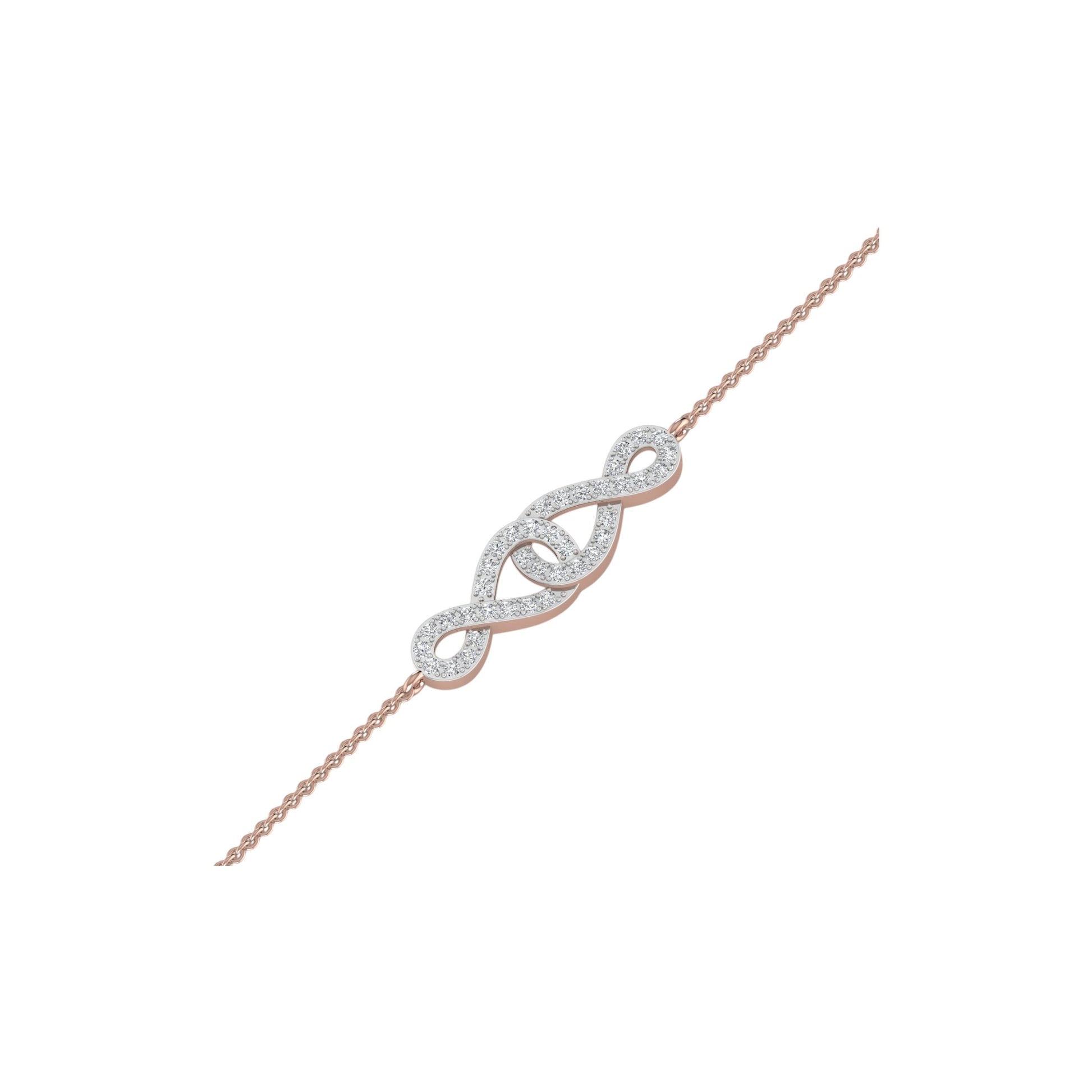 Rose gold bracelet with a diamond infinity symbol on a white background
