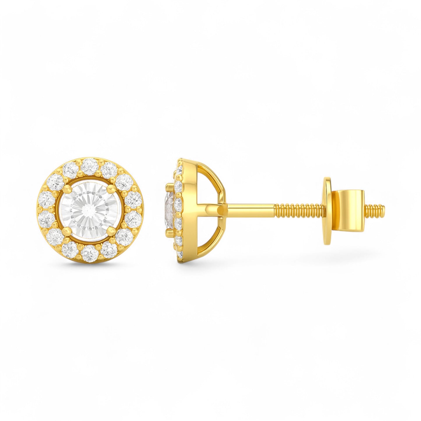 Gold earrings with clear gemstones on a white background