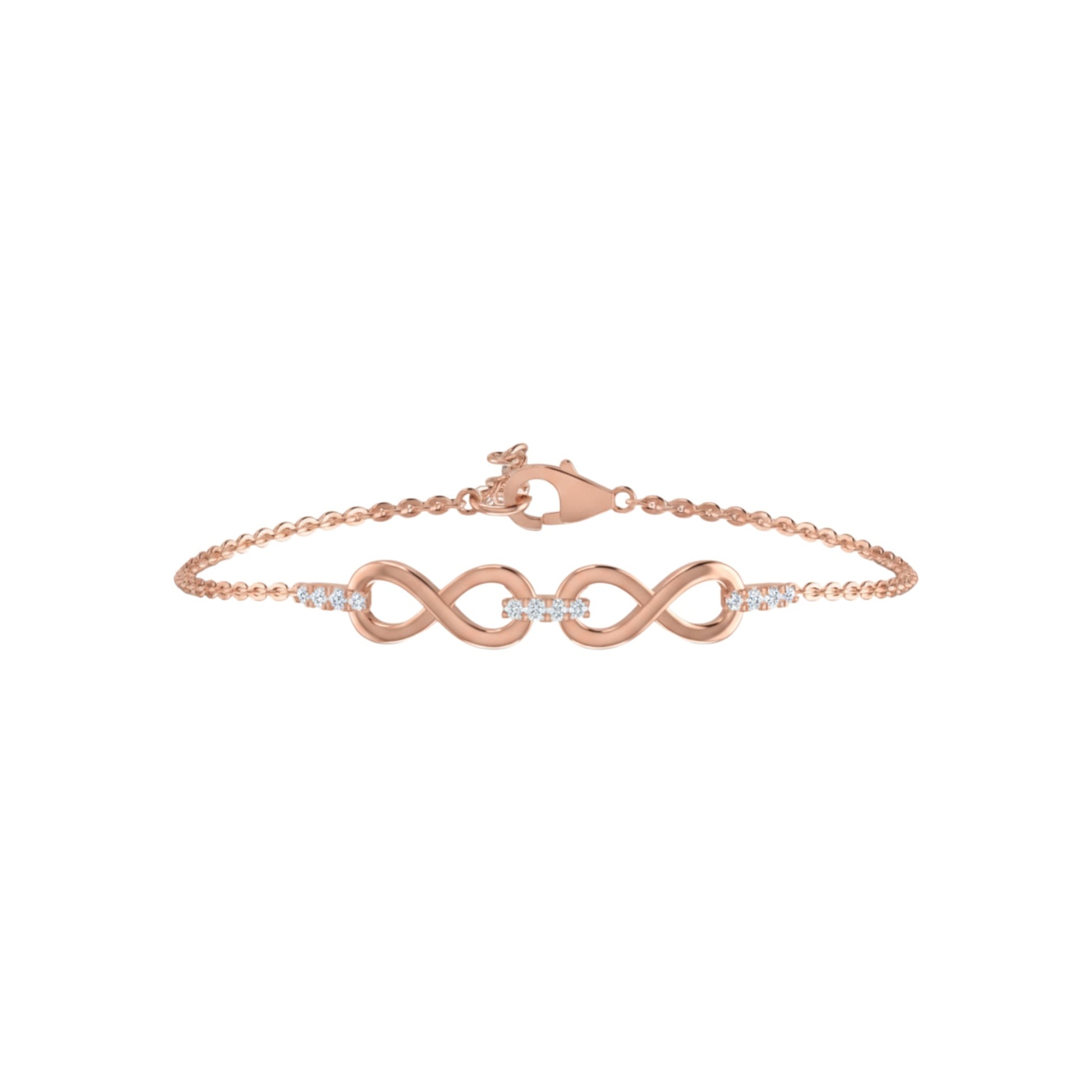 Rose gold bracelet with infinity design on a white background