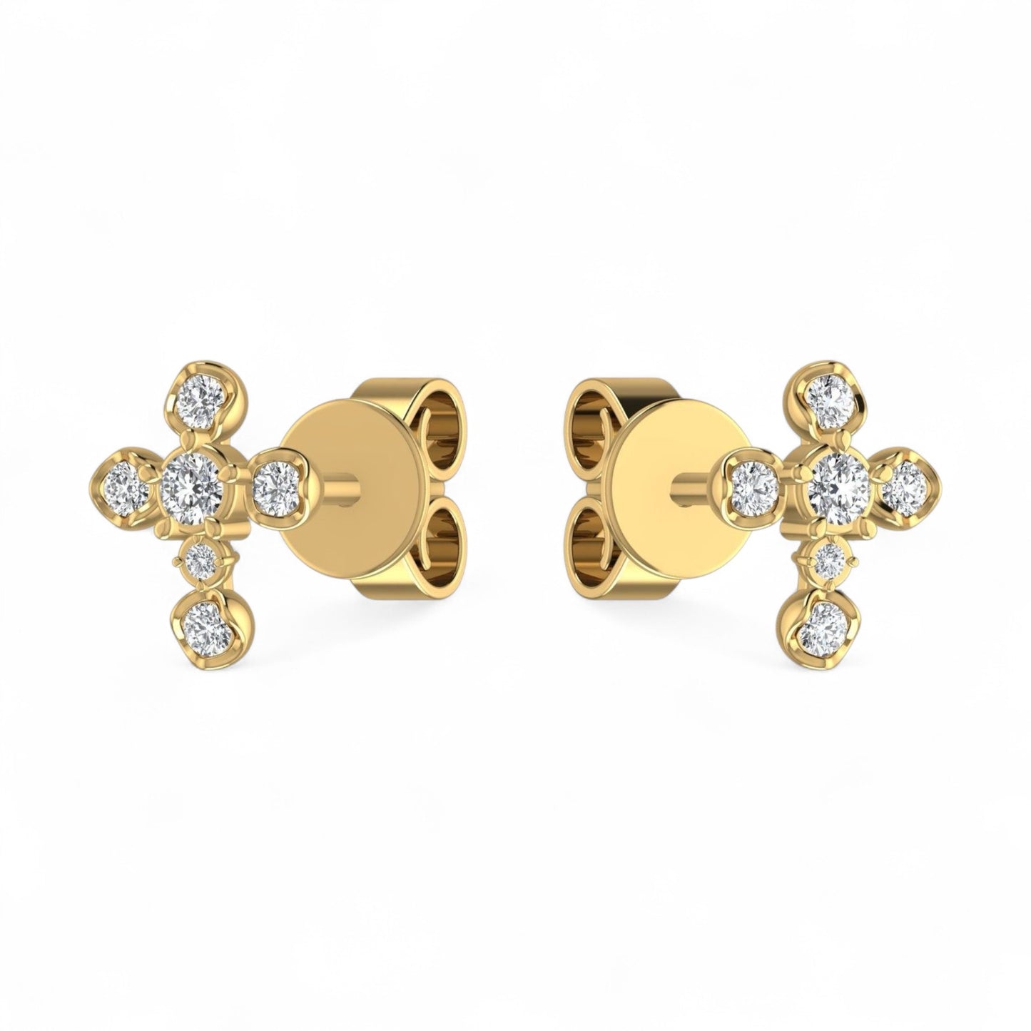 Gold cross-shaped earrings with diamond-like stones on a white background