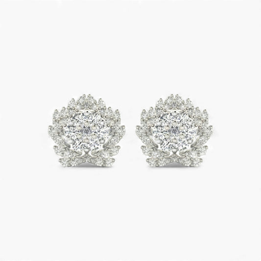 Pair of silver earrings with clear gemstones on a white background