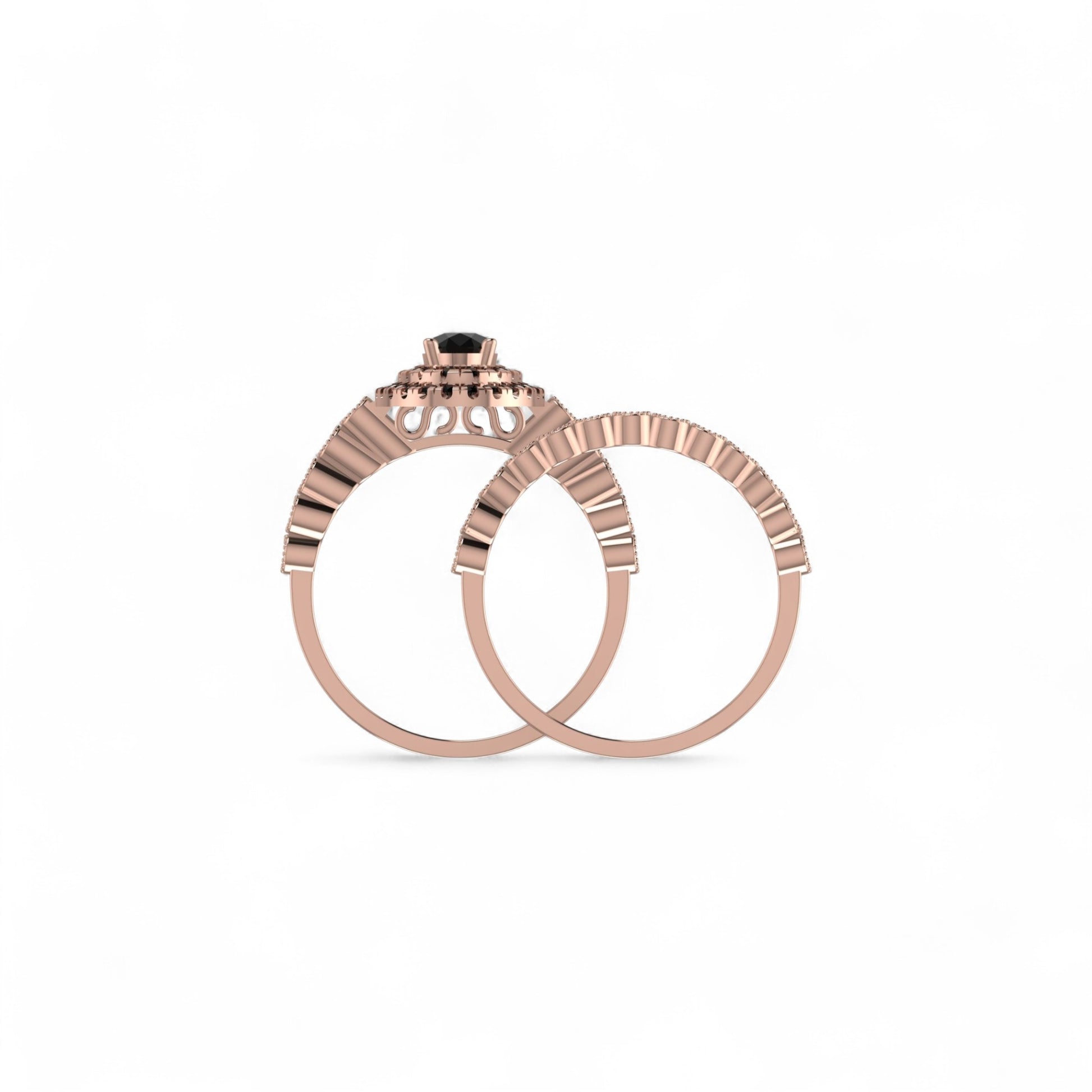 Rose gold ring with a central gemstone on a white background