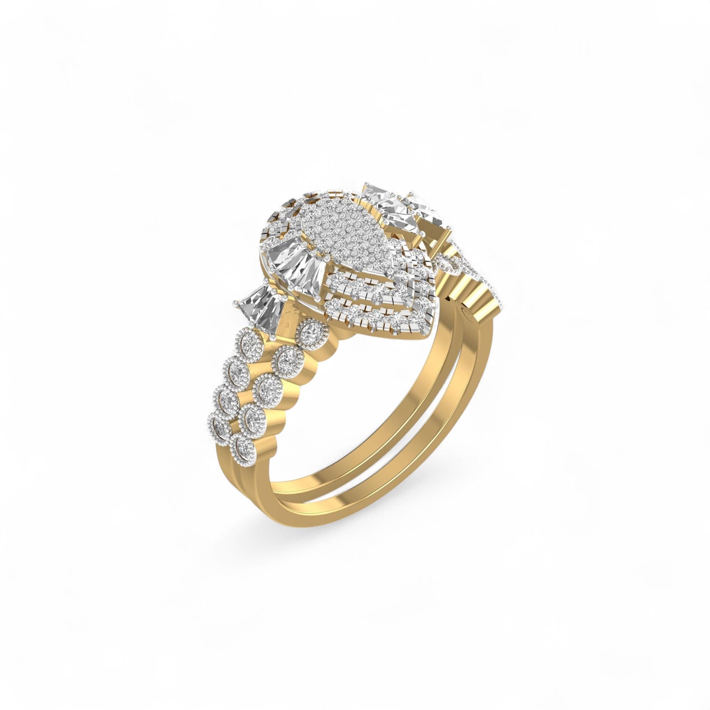 Gold ring with diamond accents on a white background