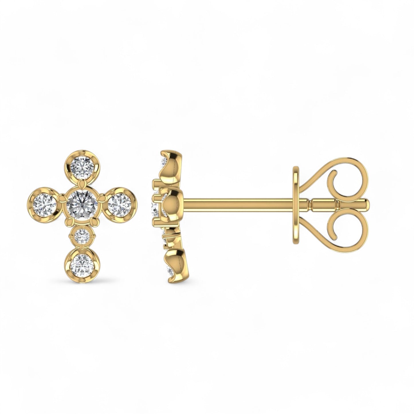 Gold cross-shaped earrings with clear gemstones on a white background