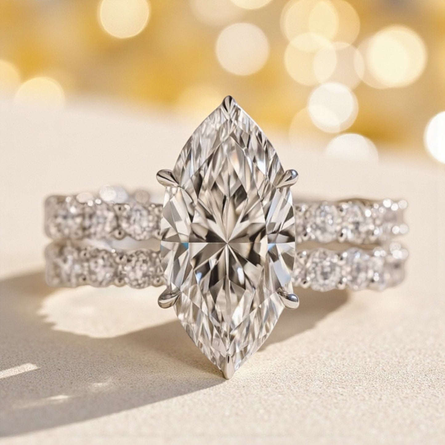 Diamond ring with a pear-shaped center stone on a blurred background