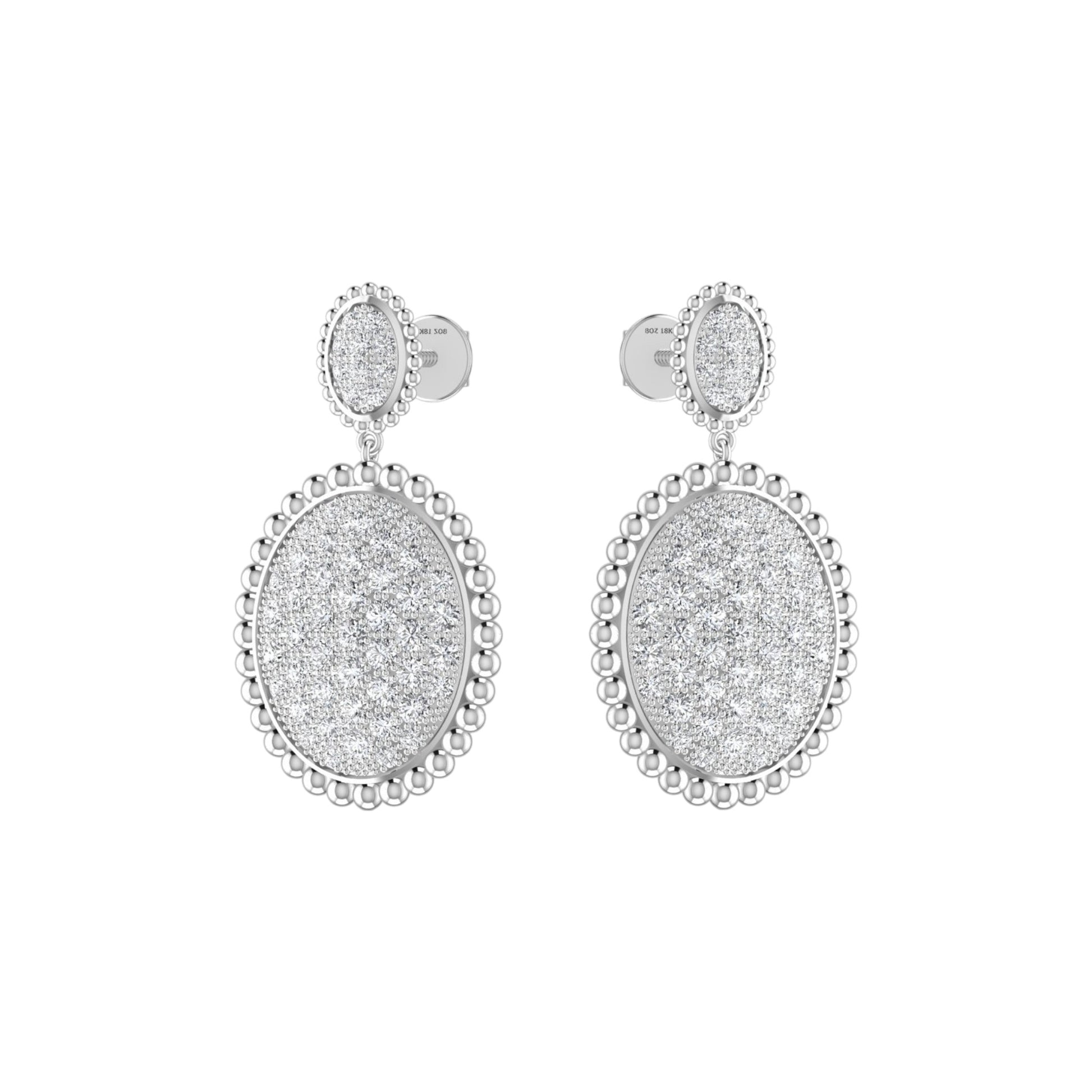 Pair of silver earrings with oval designs on a white background