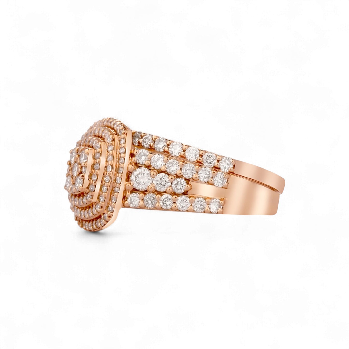 Rose gold ring with diamond accents on a white background