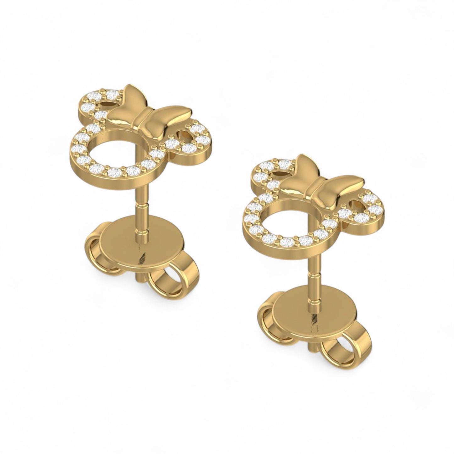 Gold earrings with diamond accents on a white background