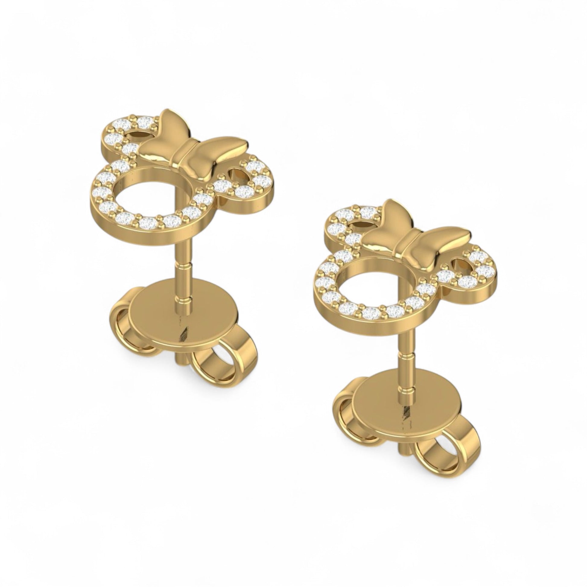 Gold earrings with diamond accents on a white background