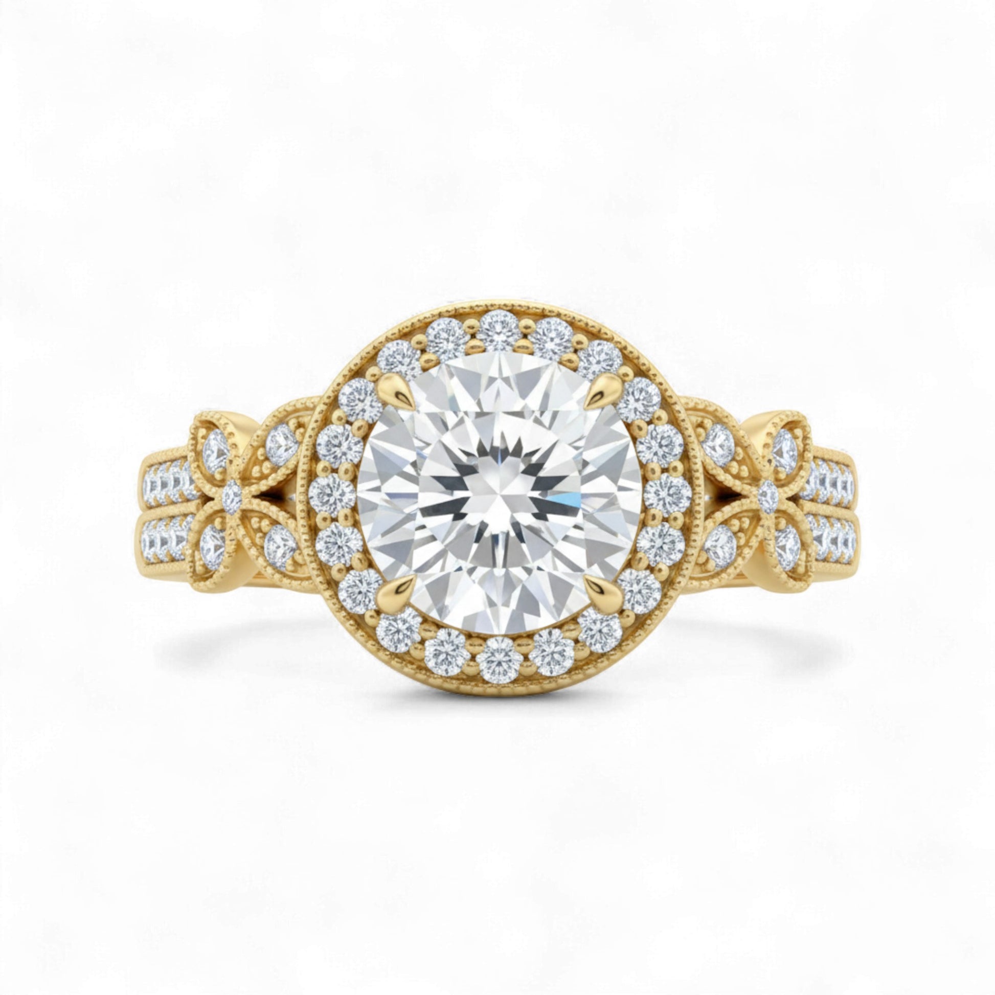 Gold ring with a large diamond and smaller diamonds on the band against a white background