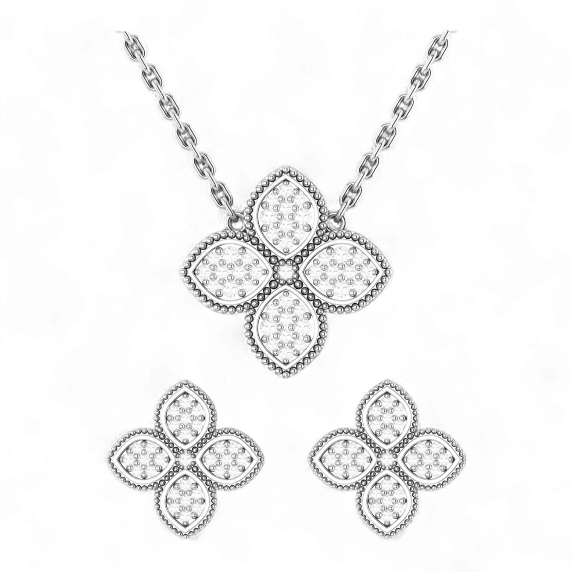 Butterfly-shaped silver necklace and earrings on a white background