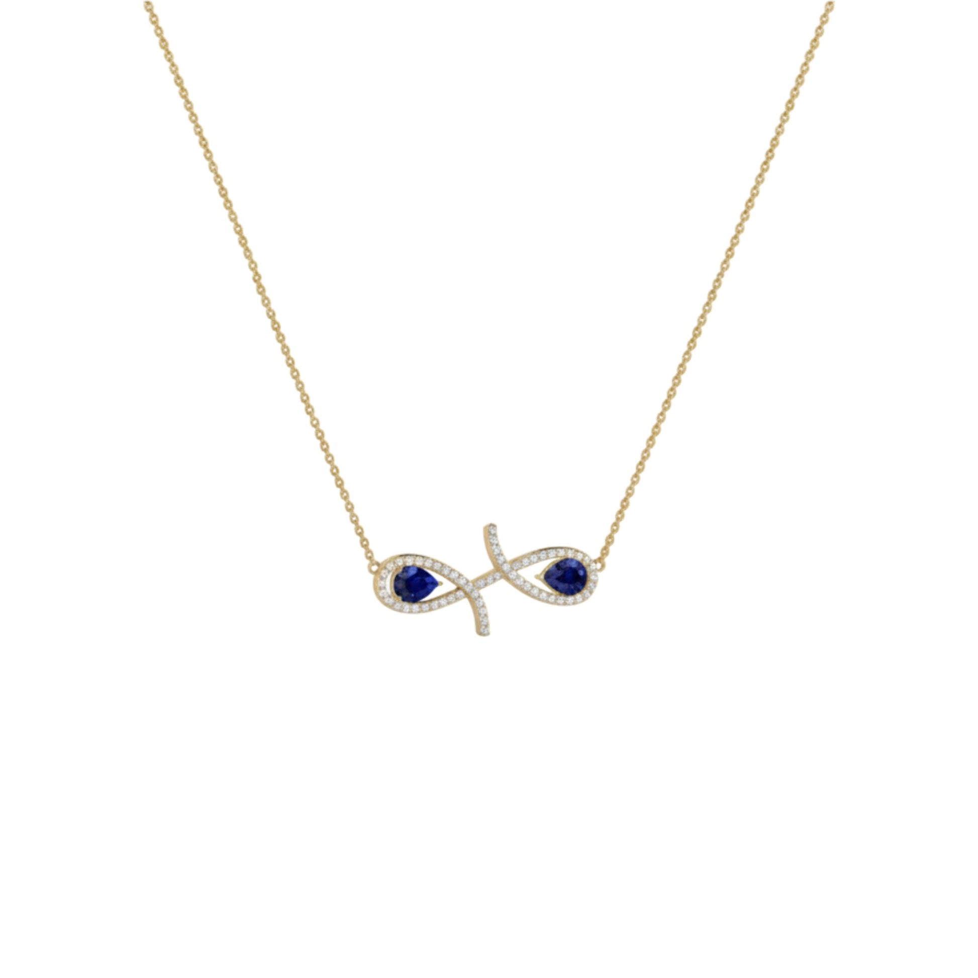Gold necklace with a fish-shaped pendant featuring blue stones on a white background