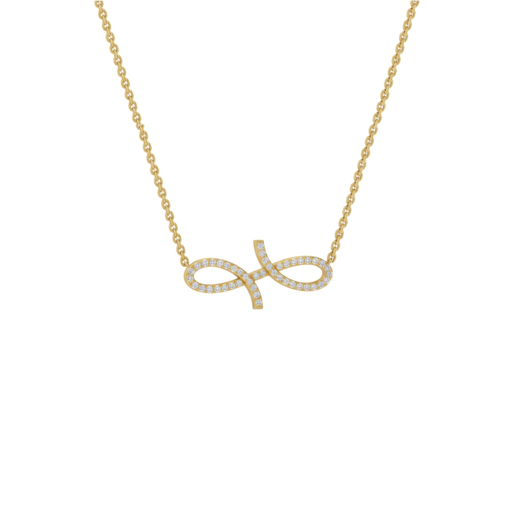 Gold necklace with a bow-shaped pendant on a white background