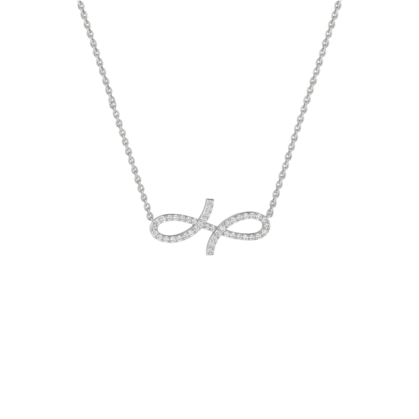 Silver necklace with an infinity symbol on a white background