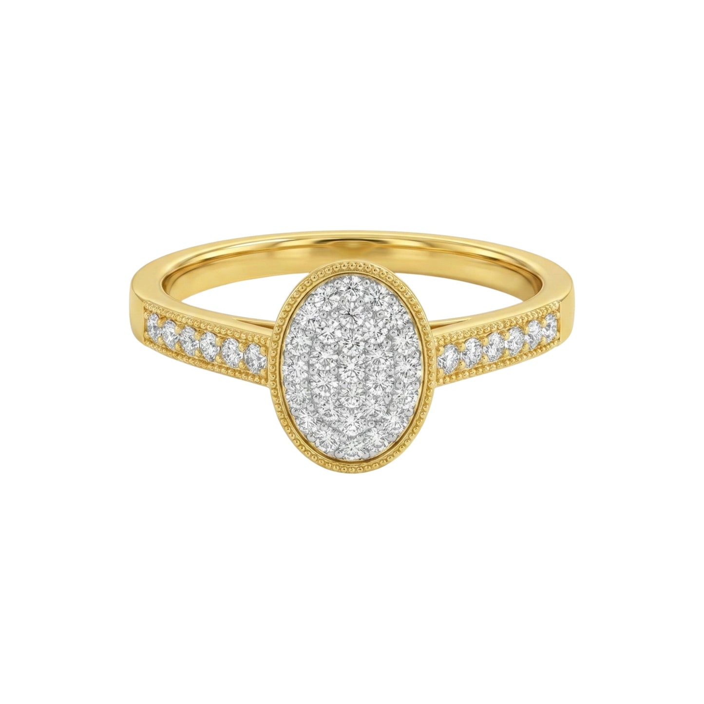 Gold ring with a silver oval center and diamond-studded band on a white background