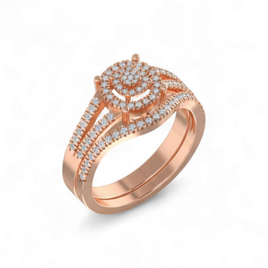 Rose gold ring with diamond accents on a white background