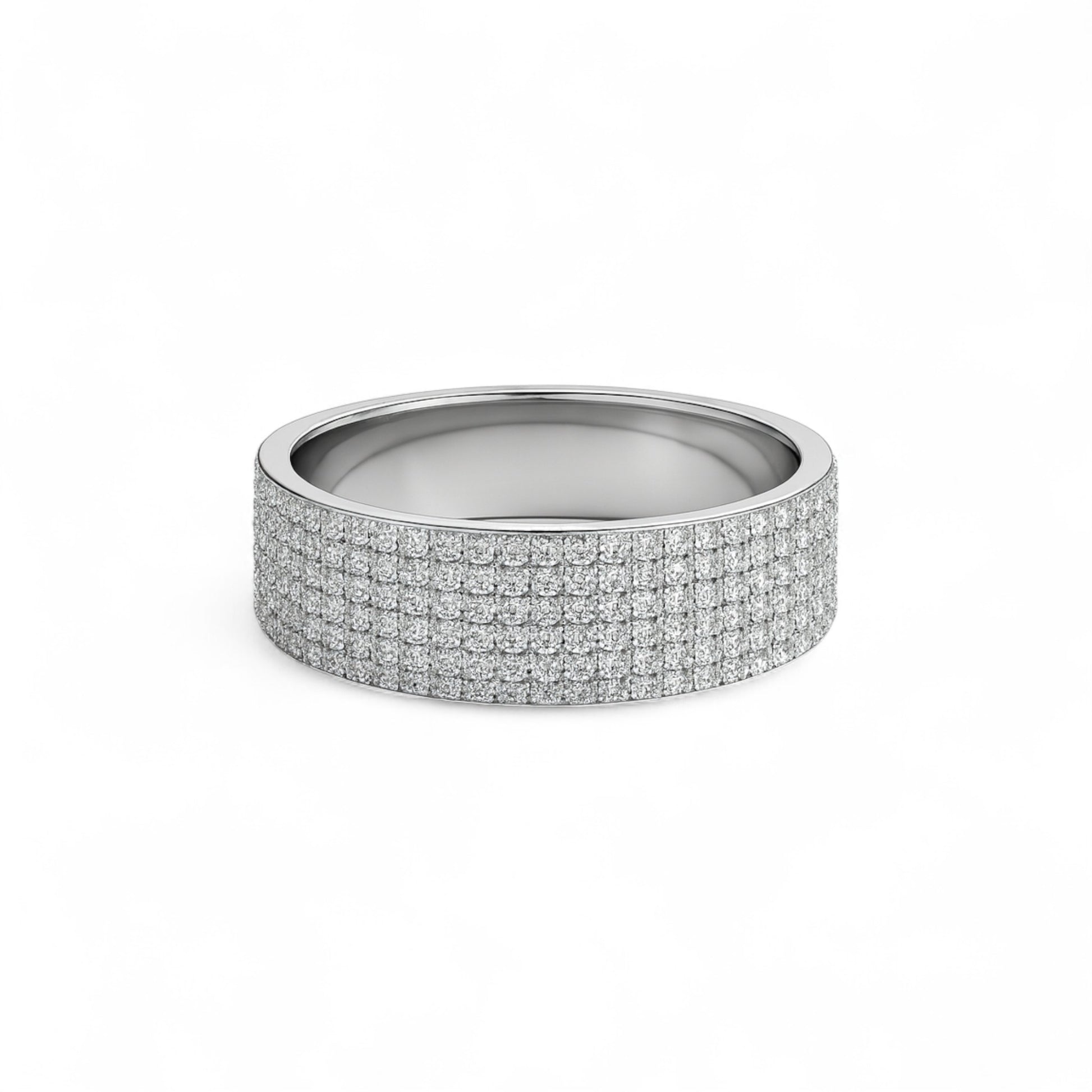 Silver ring with embedded stones on a white background