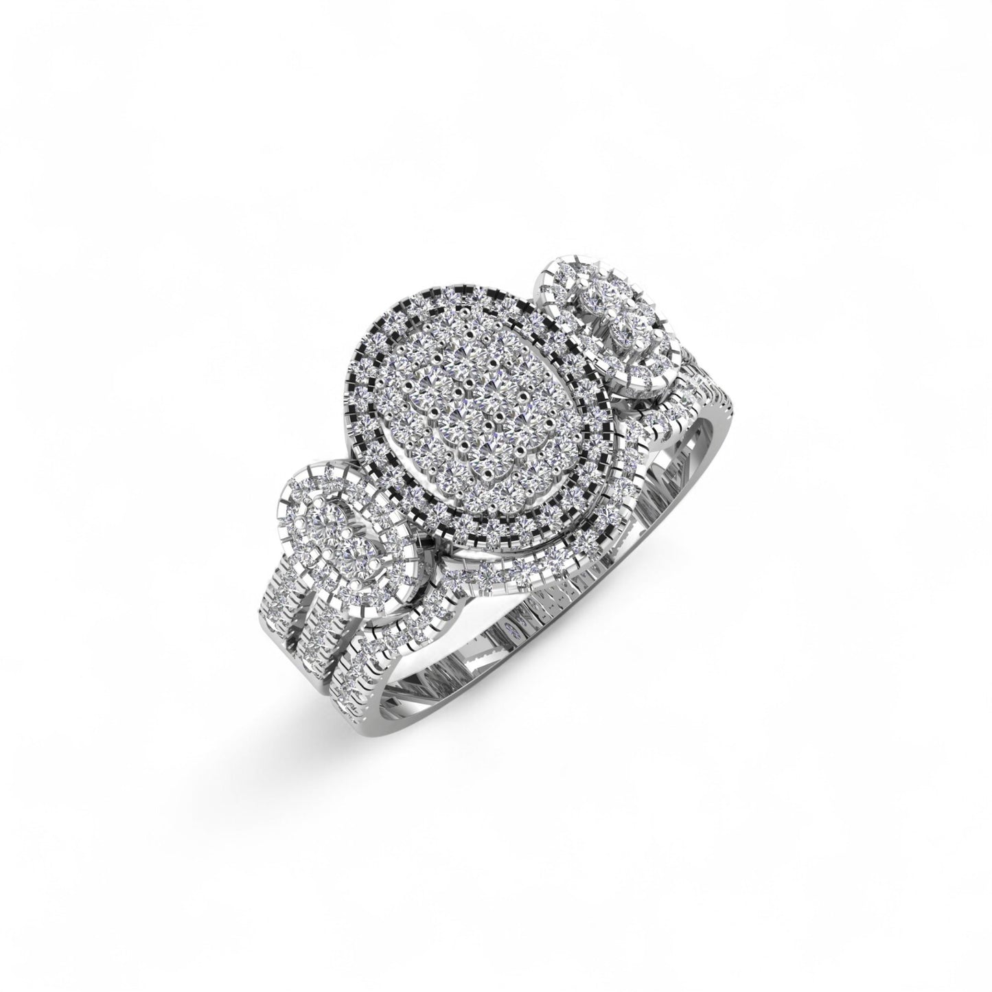 Diamond ring with multiple oval-shaped gemstones on a white background