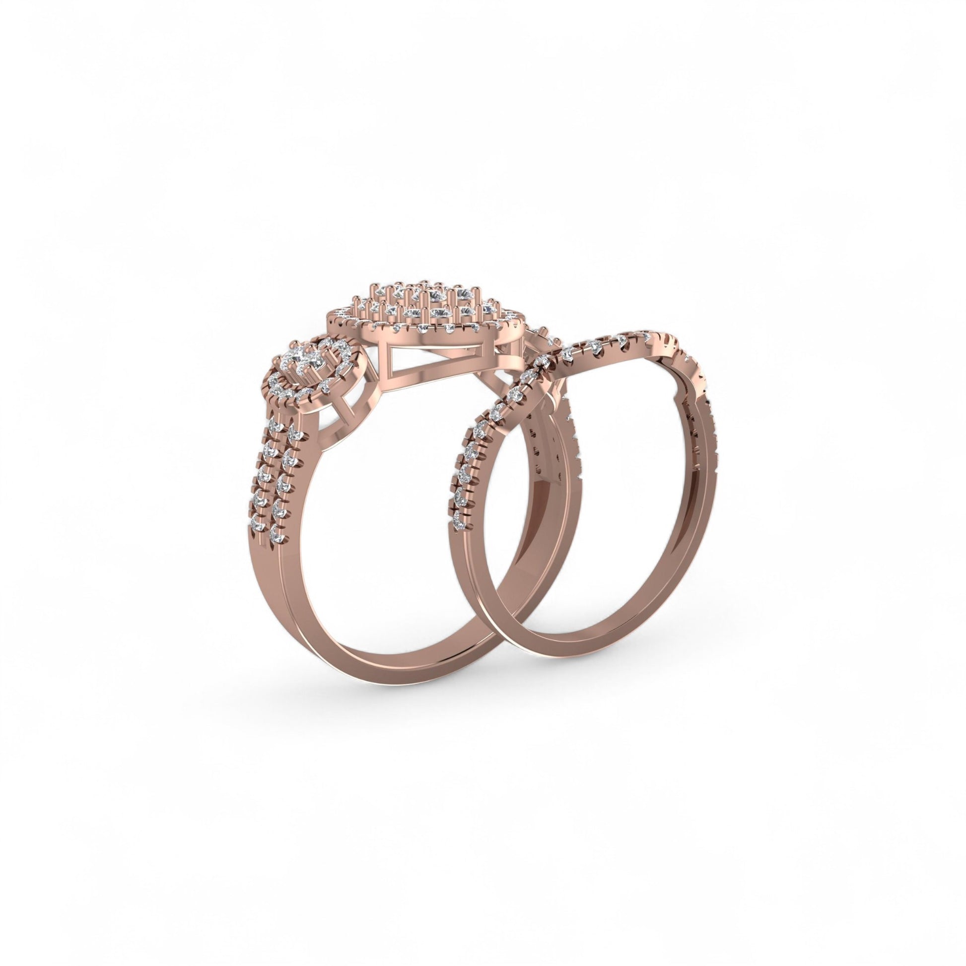 Rose gold ring with diamond accents on a white background