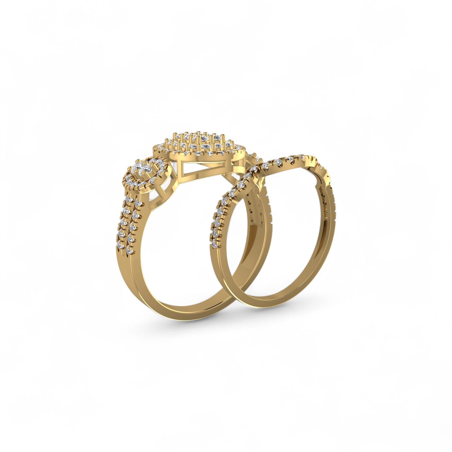 Two gold rings with diamond accents on a white background