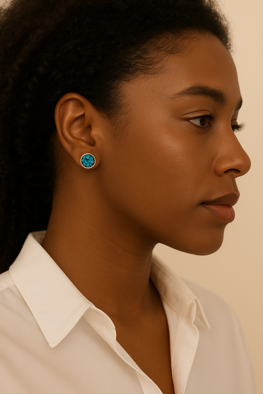 Close-up of a person wearing turquoise earrings with a neutral background