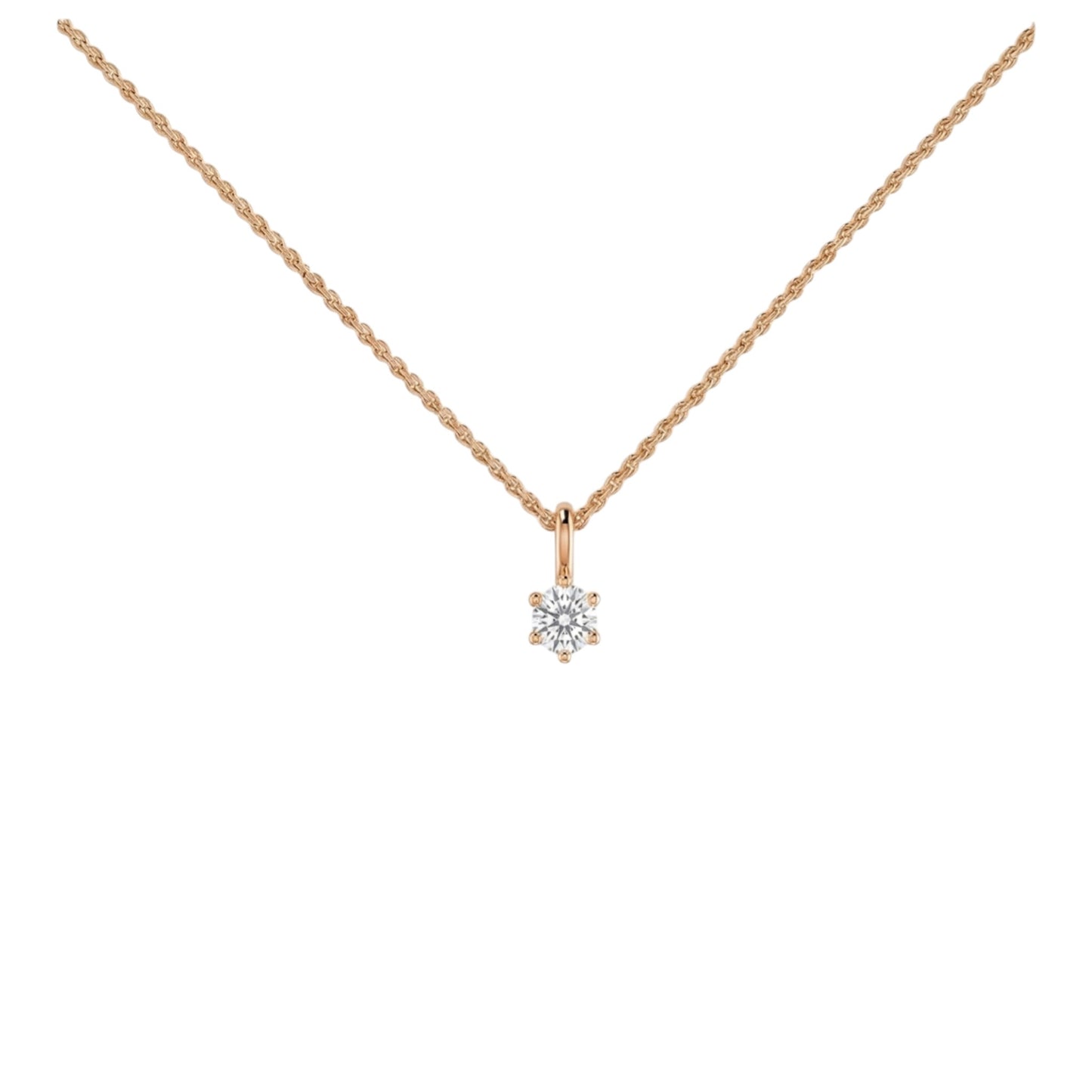 Rose gold necklace with a diamond pendant on a white background