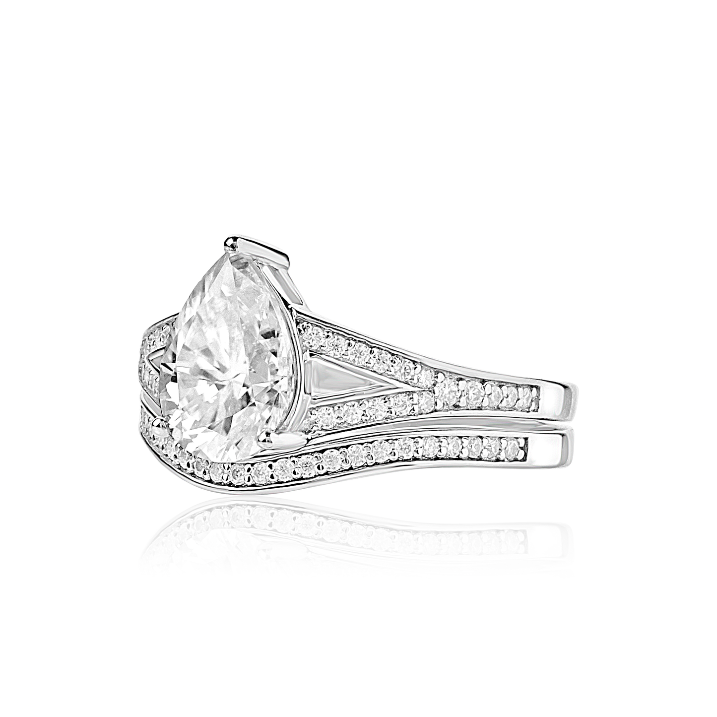 Diamond ring with pear-shaped center stone on a white background