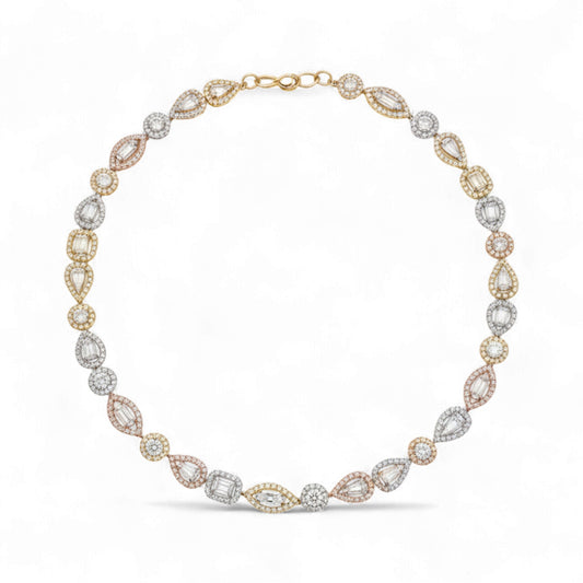 Diamond necklace with gold, rose gold, and white gold prongs on a white background
