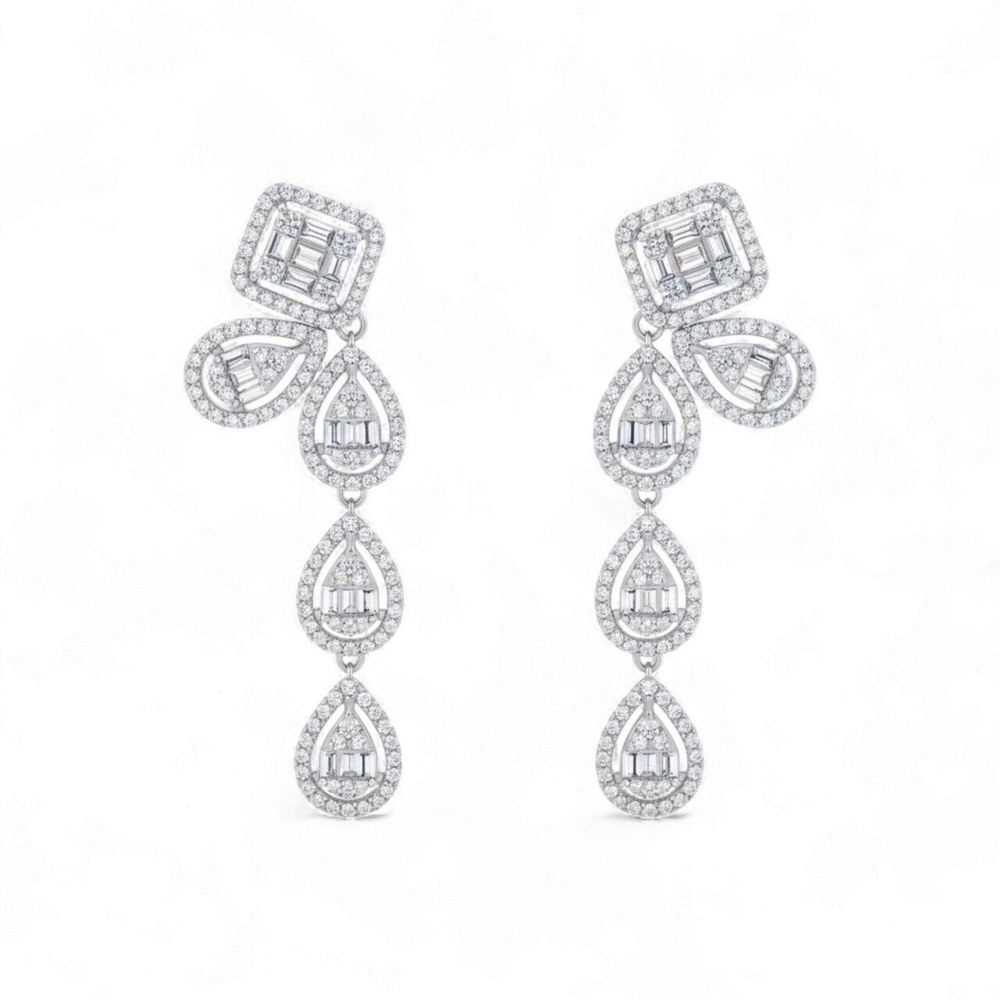 Pair of diamond earrings on a white background