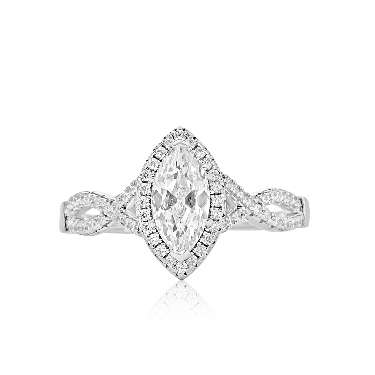 Diamond ring with a pear-shaped center stone on a white background